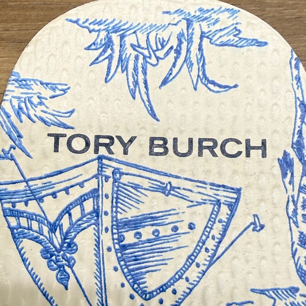 Tory Burch Far And Away Flip Flops Womens 8 M Blue Cream Travel Thong Sandals - Picture 10 of 10